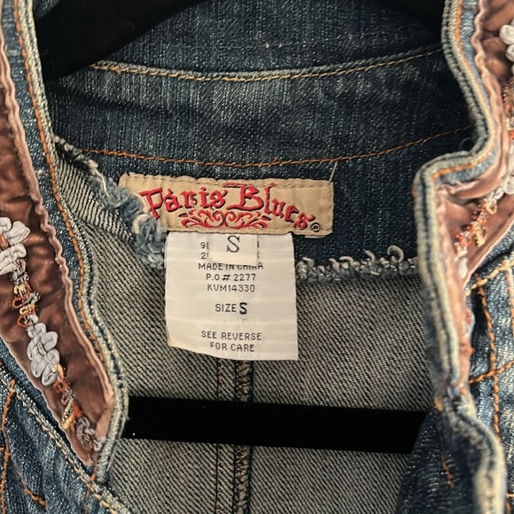Paris blues Jean jacket with brown velvet trim floral details embroidering sz S - Picture 3 of 7